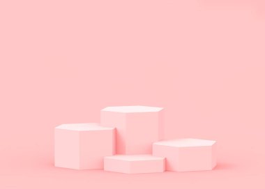 Soyut 3d pembe altıgen podyum minimum stüdyo arkaplanı. 3 boyutlu geometrik şekil çizimi. Kozmetik moda ve sevgililer günü ürünü. 