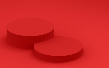 3d kırmızı silindir podyum minimum stüdyo arkaplanı. Soyut 3d geometrik şekil çizimi. Yaz tatili ürünleri için görüntü.