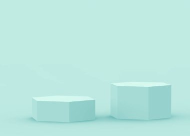 3D mavi altıgen kürsüsü stüdyo arka planı. Soyut 3d geometrik şekil çizimi. Teknoloji tıbbi ve bilimsel ürünler için görüntüleme.