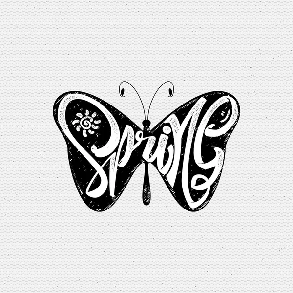 Hola Primavera letras mariposa caligrafía — Vector de stock