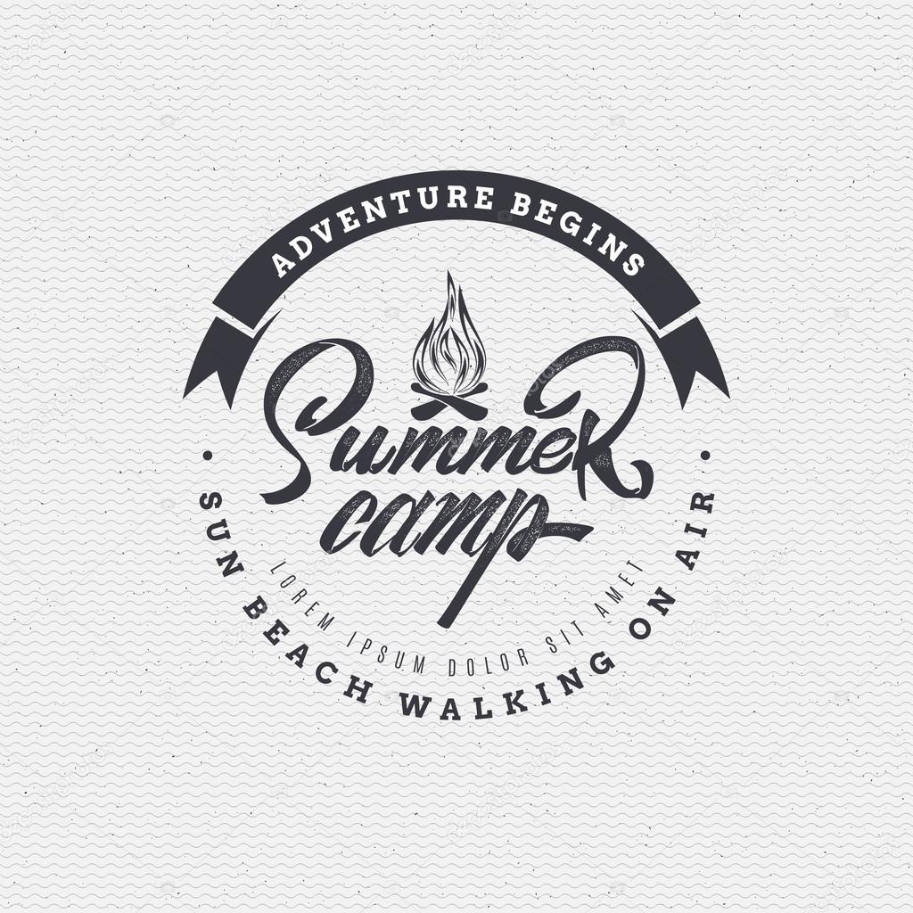 Summer camp typographic design mark made using a combination of the composition of geometric forms, rays, letters, painted by hand with the help of lettering and calligraphy skills