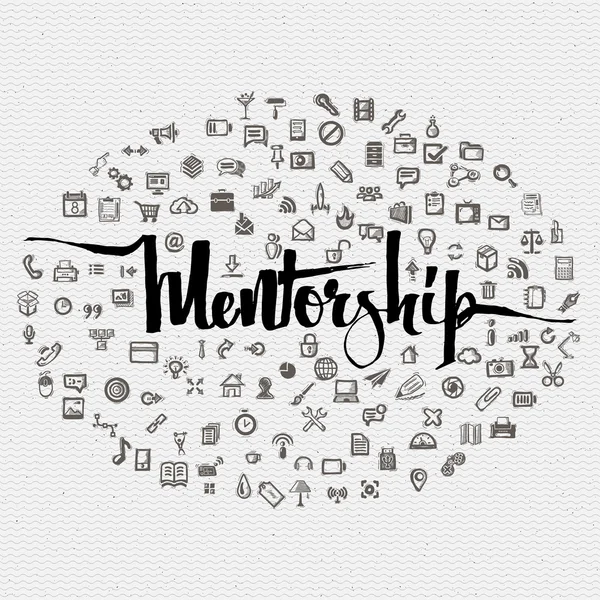 Mentorship Schriftzug Konzept und Business-Ikonen. Design Illustration, Beratung, Finanzen, Management, Pflege. — Stockvektor