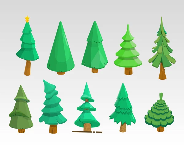Σύνολο 3d χριστουγεννιάτικα δέντρα, δεν διακοσμήσεις, ζωγραφισμένα εικονίδια κινουμένων σχεδίων — Διανυσματικό Αρχείο