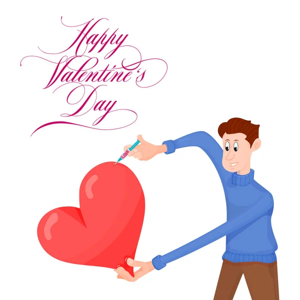 Metaphor - A cartoon character makes a love injection in the heart. Congratulations on Valentines Day. — Stock Vector