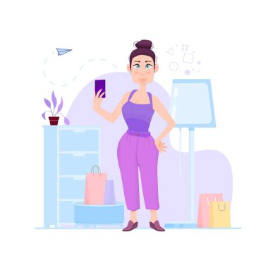 Elinde akıllı bir telefon tutan bir kız, arka planda, çizgi film karakteri - düz stil.