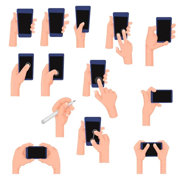 Tangan Memegang Smartphone Dalam Pose Yang Berbeda Gaya Kartun - Stok Vektor