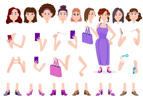 Constructor Personaje Femenino Diferentes Poses Con Teléfono Bolso Personaje Dibujos — Vector de stock