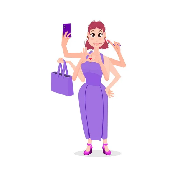 Cartoon character - modern woman with six arms doing daily routine — Vector de stock