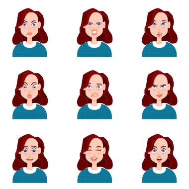 Female avatar with emotions cartoon style.