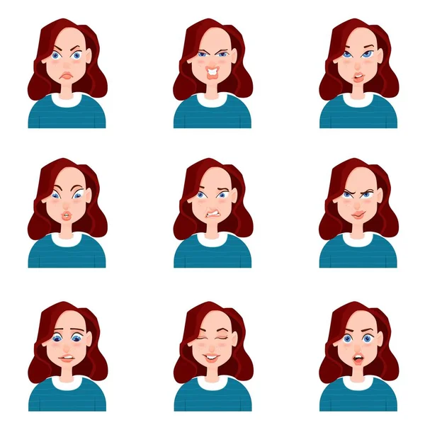 Female avatar with emotions cartoon style. — Vettoriale Stock