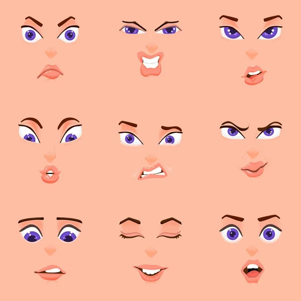 Emotionaler Cartoon, flacher Stil, weibliches Gesicht Augenbrauen und Mund — Stockvektor