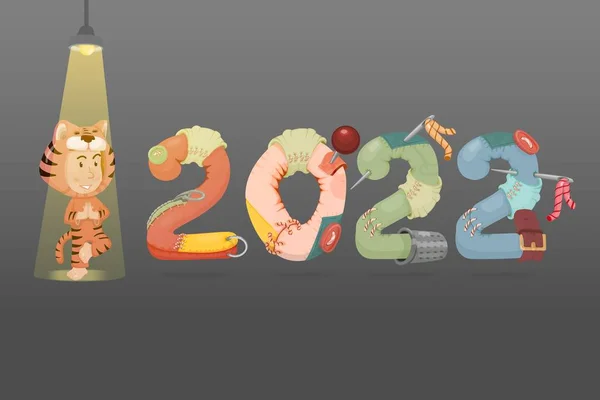 Banner concept for New Year 2022. Toy banner with buttons and patches. Cartoon character tiger — 图库矢量图片