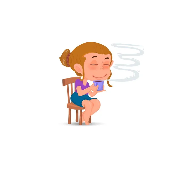 Girl Cup Drinking Tea Cartoon Character — Stockový vektor