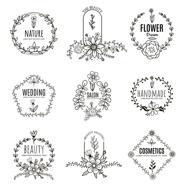 Handgetekende beauty labels en badges. Vector illustratie voor cosmetica, natuurlijke producten, spa, schoonheidssalon, bruiloft — Stockvector