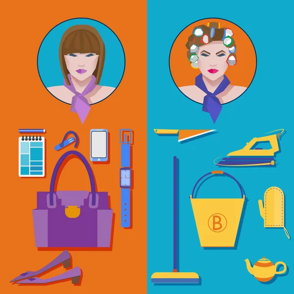 Mujer de negocios vs amas de casa. Ilustración de conjunto de vector plano . — Vector de stock