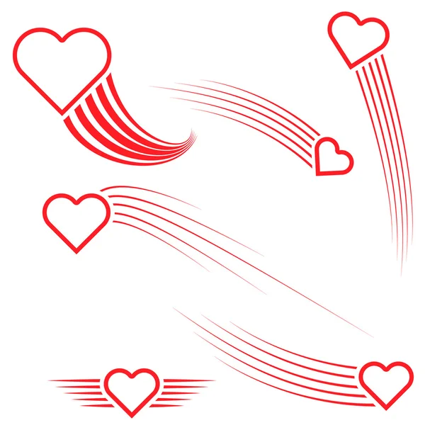 Set corazones moscas dejando un rastro curvo — Archivo Imágenes Vectoriales