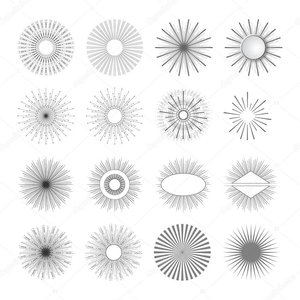 Geometric Shapes and Light Ray. Sunbusrt set for vintage and retro logo. Eps10