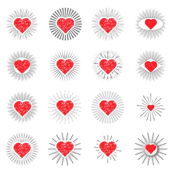 Set rojo corazón sunburst plantillas para etiquetas — Archivo Imágenes Vectoriales