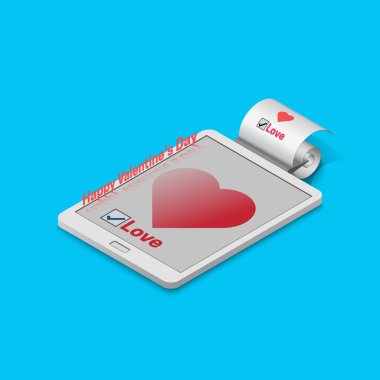 3D izometrik cep, Sevgililer günü tebrik, mobil tablet kalp düz