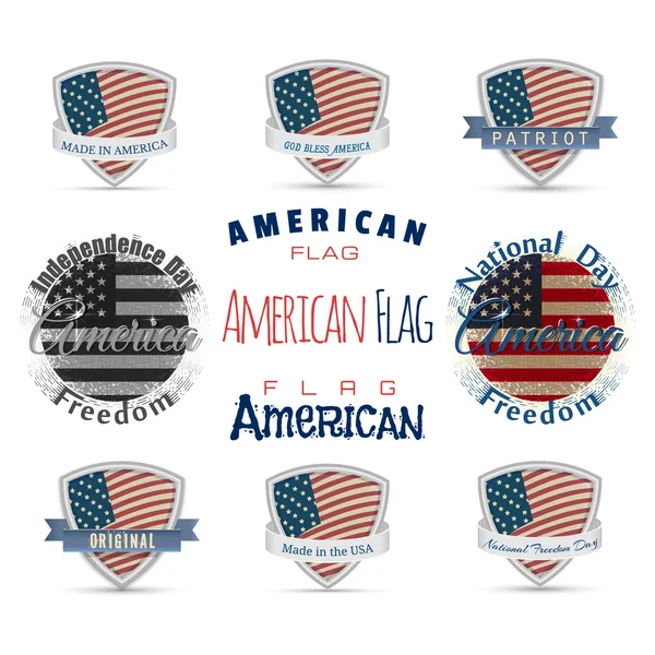 America flag independence patriot logo label ribbon shield Independence Day July 4th Made in America original lettering calligraphy — Stock Vector