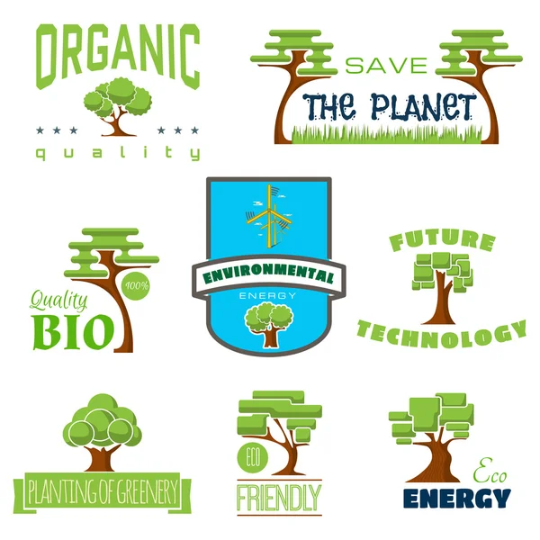 Ecología 100% natural pegatinas logotipos — Vector de stock