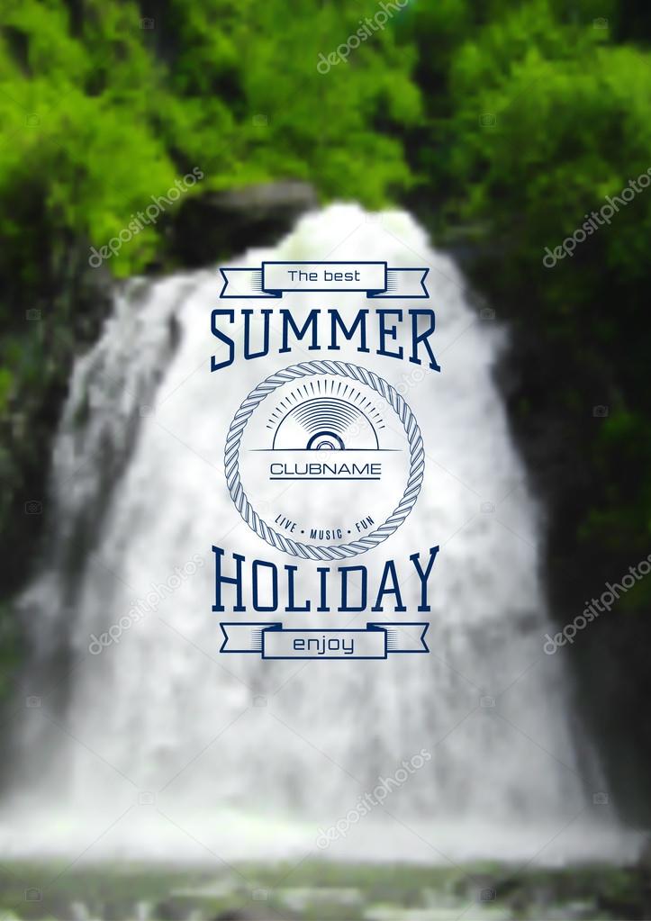 Summer holiday label logo on the background blurred background waterfall. EPS10