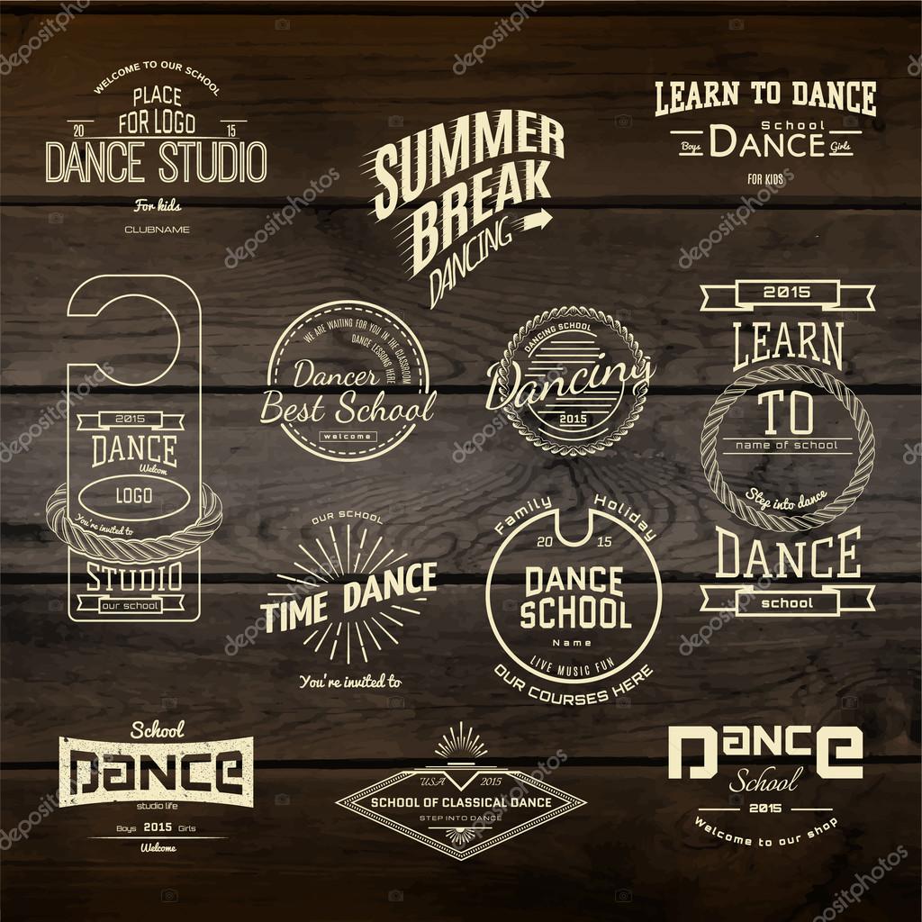 School of Dance badges logos and labels for any use, on wooden background texture