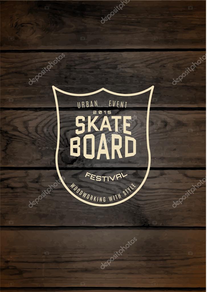 Skateboard badges logos and labels for any use, on wooden background texture