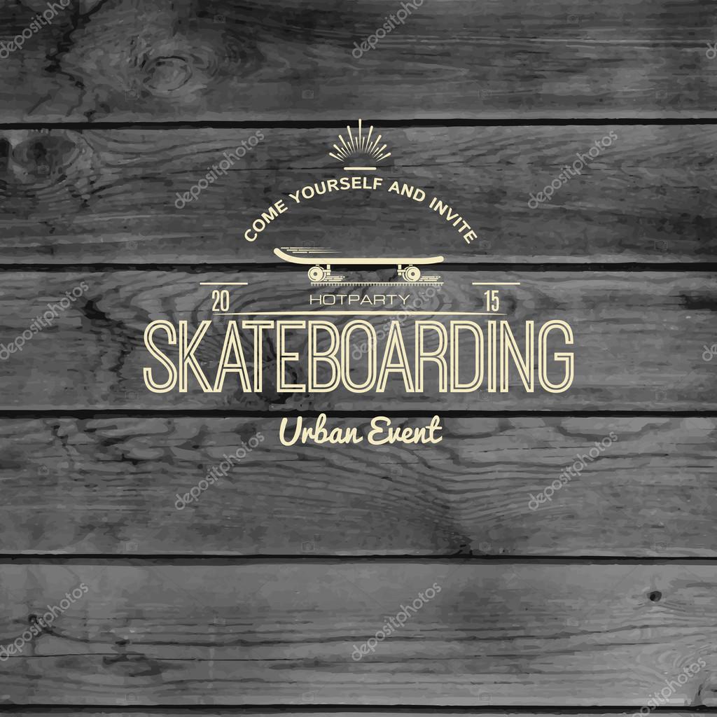 Skateboard badges logos and labels for any use, on wooden background texture