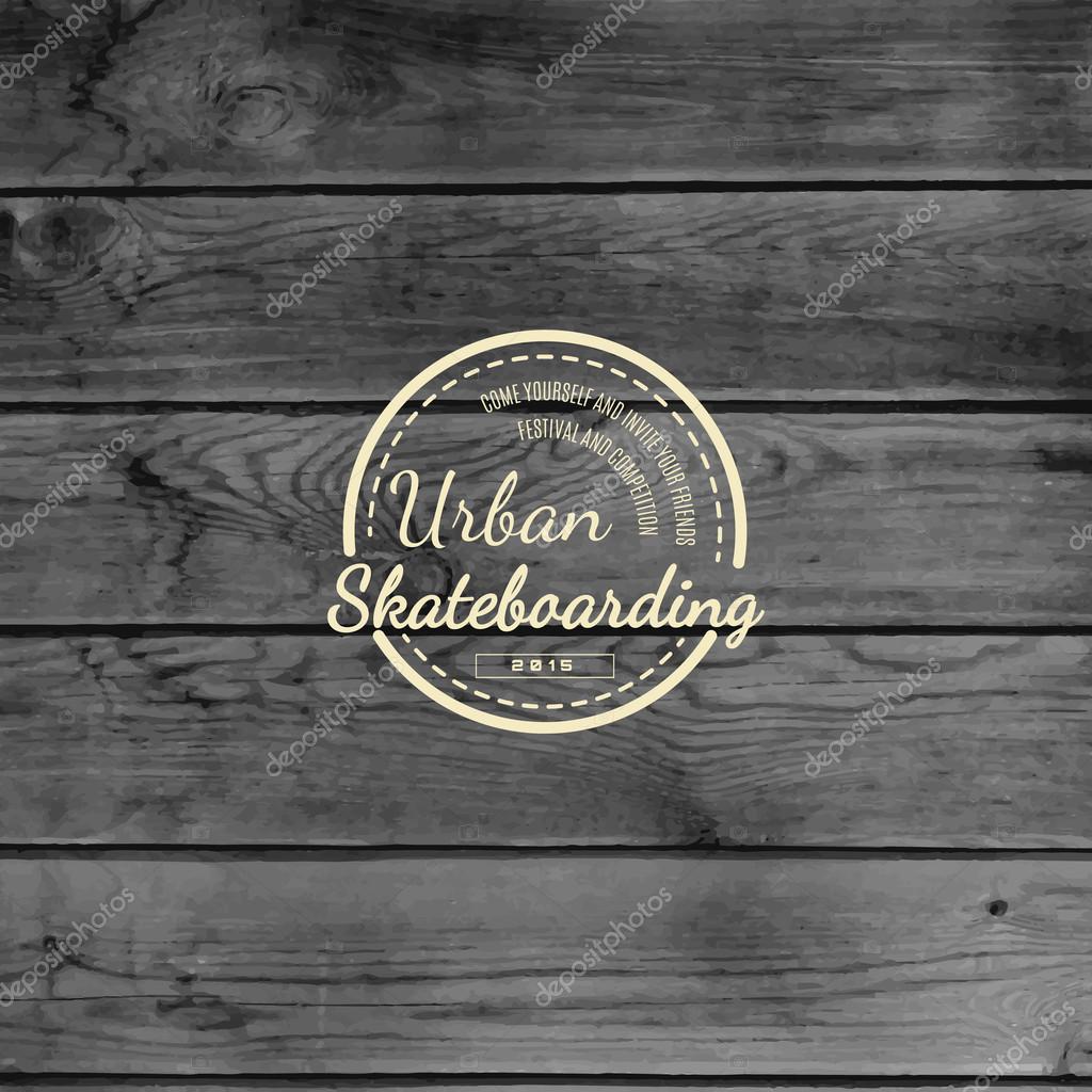 Skateboard badges logos and labels for any use, on wooden background texture