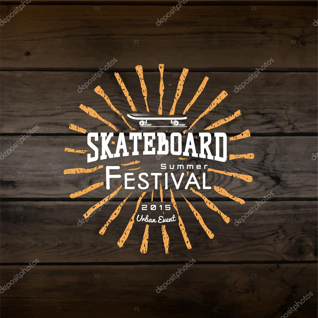 Skateboard badges logos and labels for any use, on wooden background texture