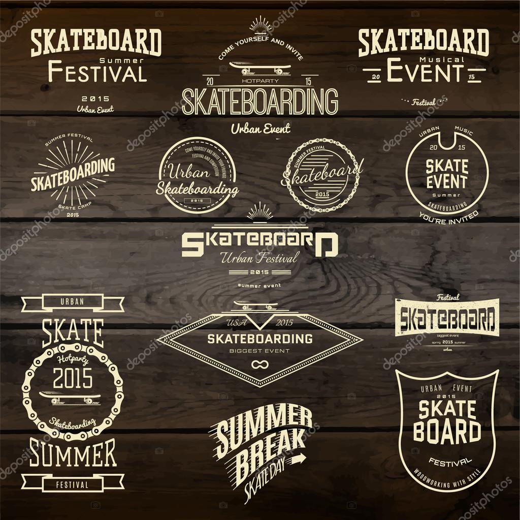 Skateboard badges logos and labels for any use, on wooden background texture