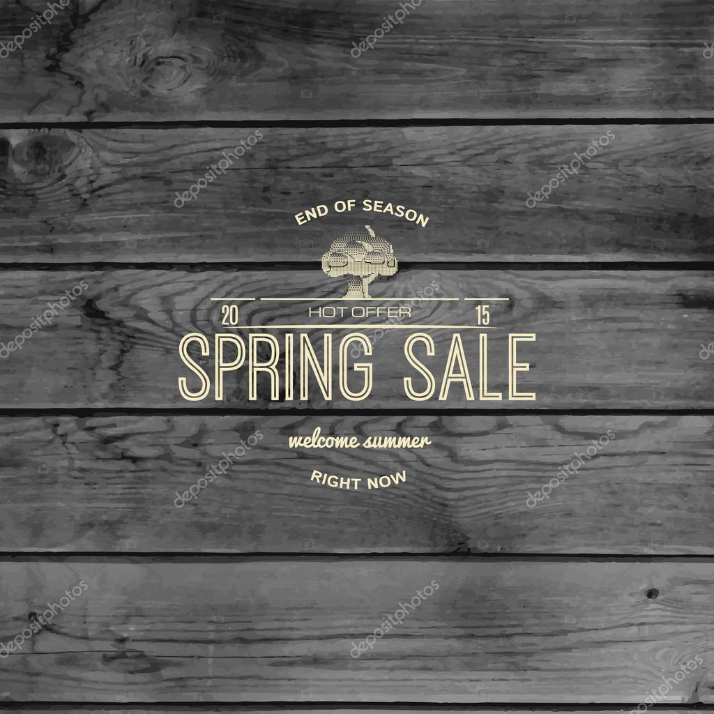 Spring sale badges logos and labels for any usem, on wooden background texture