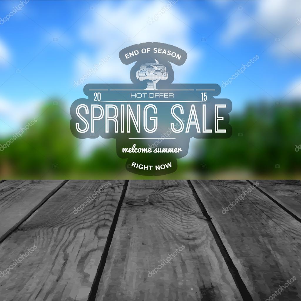 Spring sale badges logos and labels for any usem, on wooden background texture