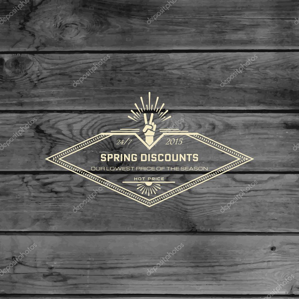 Spring sale badges logos and labels for any usem, on wooden background texture
