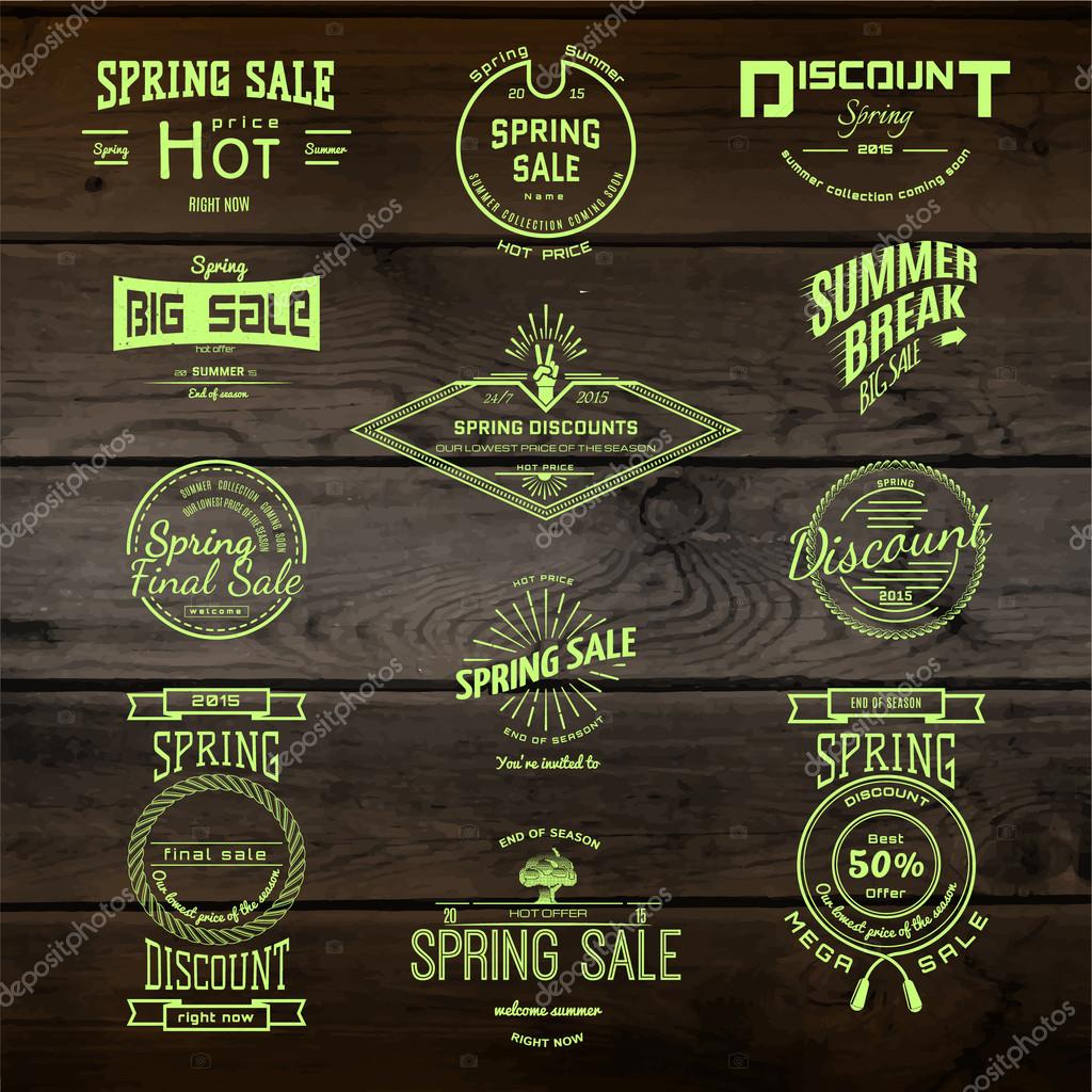 Spring sale badges logos and labels for any usem, on wooden background texture