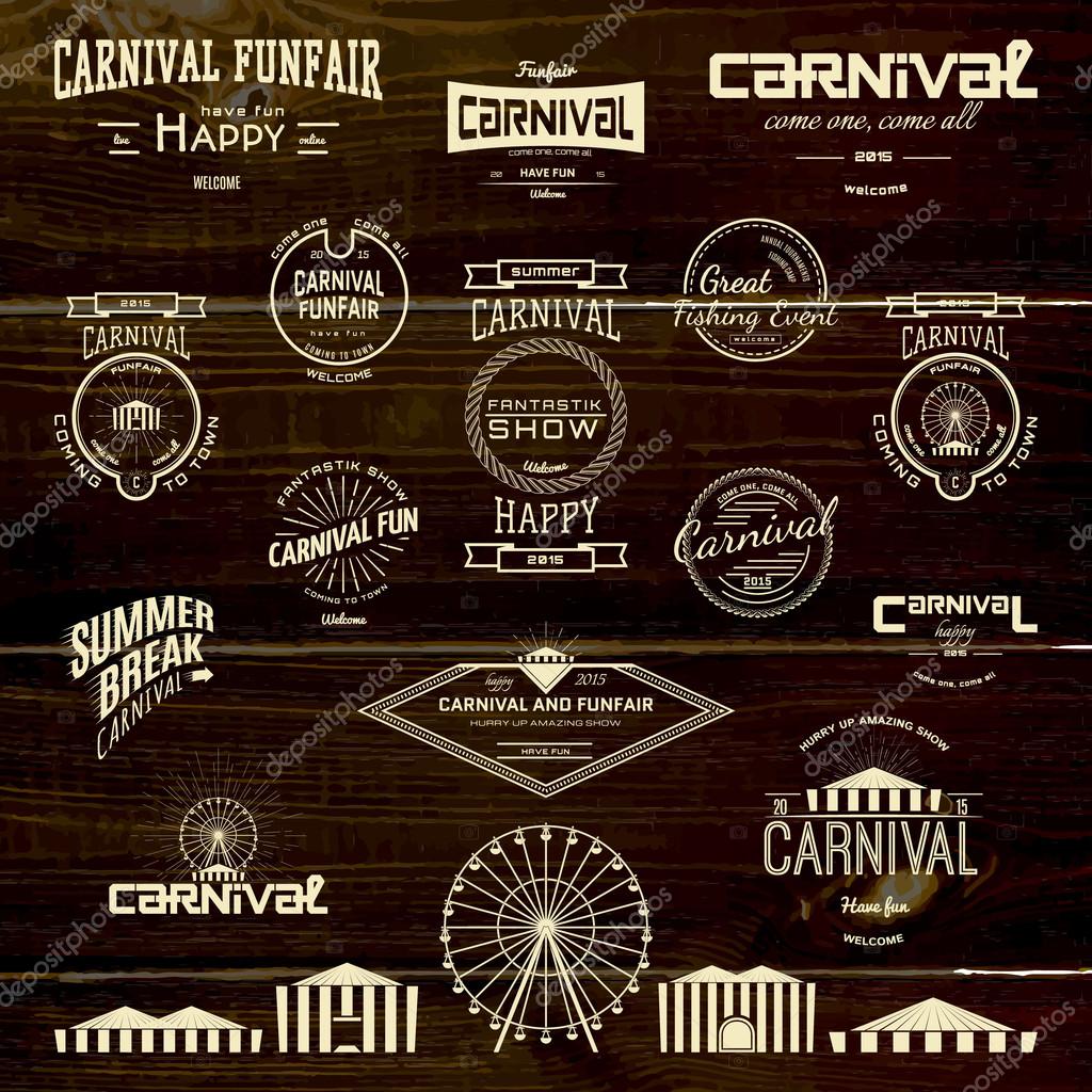 Carnival badges logos and labels for any use, on wooden background texture
