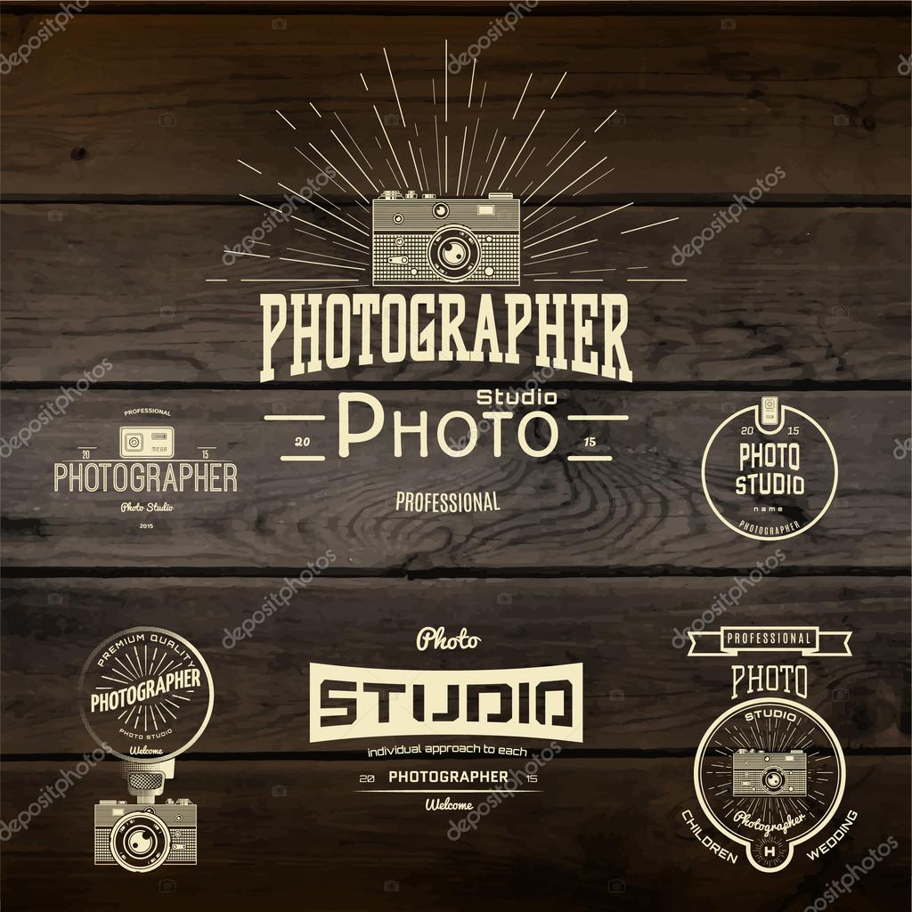 Photography logo badges logos and labels for any use, On wooden background texture