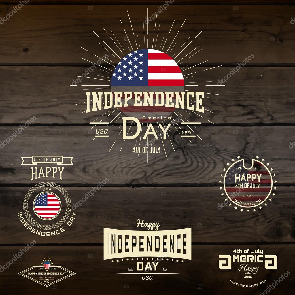 Fourth of July Independence Day USA badges logos and labels for any use.  On wooden background texture