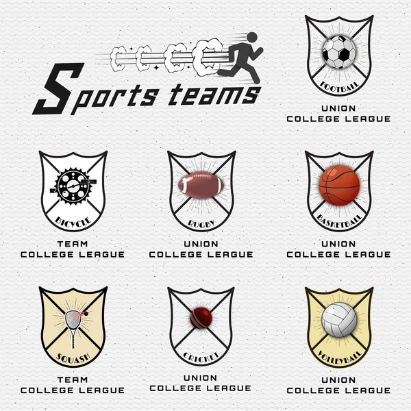 Cricket, Volleyball, Fußball, Basketball, Squash, Rugbyabzeichen Logos und Etiketten für jede Verwendung — Stockvektor