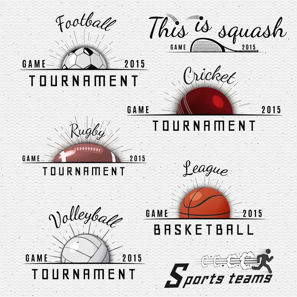 Cricket, volley-ball, football, basket-ball, squash, badges rugby logos et étiquettes pour toute utilisation — Image vectorielle