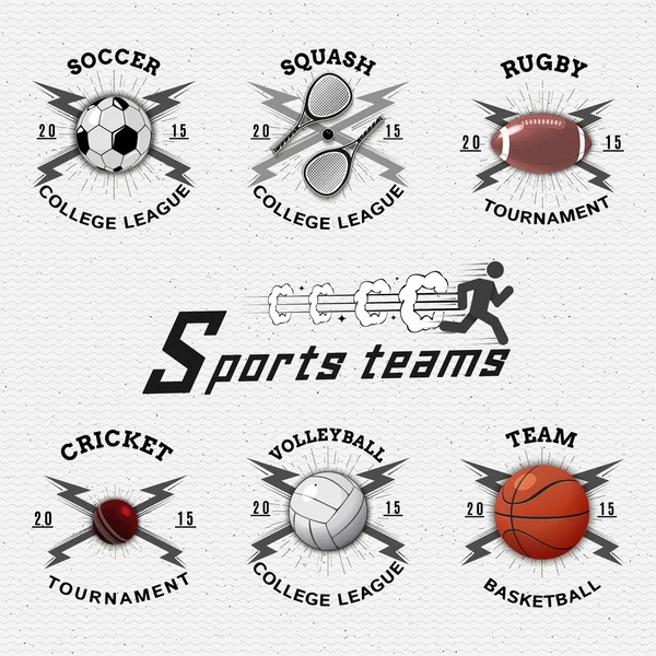 Kriket, volejbal, fotbal, basketbal, squash, rugby odznaky loga a štítků pro každé použití — Stockový vektor