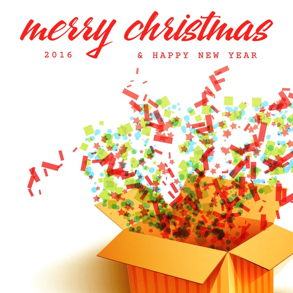 Merry Christmas and Open gift with fireworks confetti