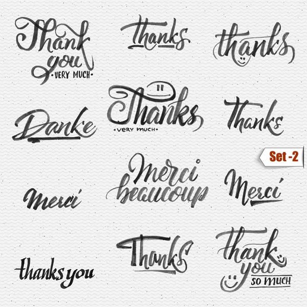 Obrigado, merci beaucoup, danke- tipográfico caligráfico lettering — Vetor de Stock