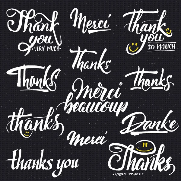 Obrigado, merci beaucoup, danke- tipográfico caligráfico lettering — Vetor de Stock