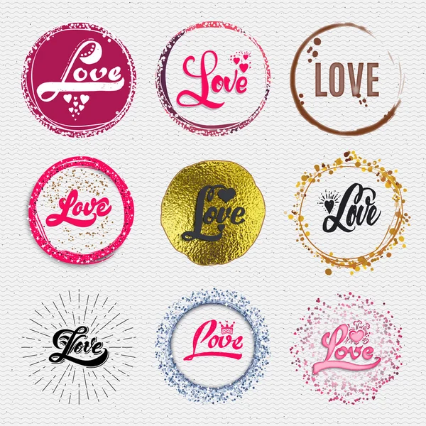 Love - the word as a badge decorated in different part gold, rays, water color, foil, can be used cards, posters, presentations, congratulations — Stock Vector