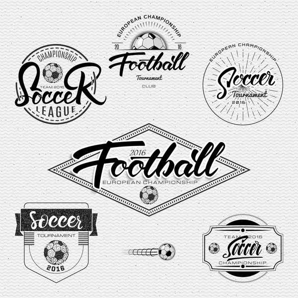 Fútbol, torneo de fútbol, campeonato, liga Las etiquetas de las insignias de las letras de la mano se pueden utilizar para el diseño, presentaciones, folletos, volantes, equipos deportivos, identidad corporativa, ventas — Vector de stock