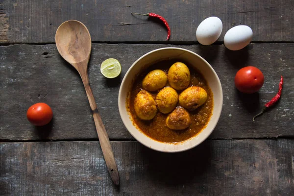 Indisches Gericht Eiermasala Oder Eiercurry Zubereitet Mit Zwiebeln Knoblauch Und — Stockfoto