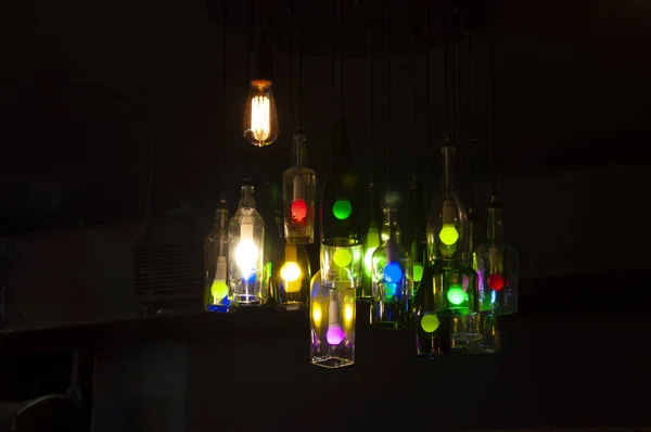 Coloured Lights Wine Bottle Hanging — Stock Photo, Image