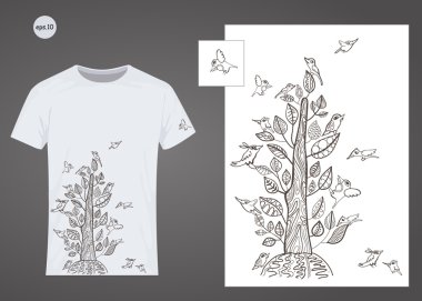 Ağaç, kuş, doğa, doodle. Vektör tasarım T-shirt üzerine basım için